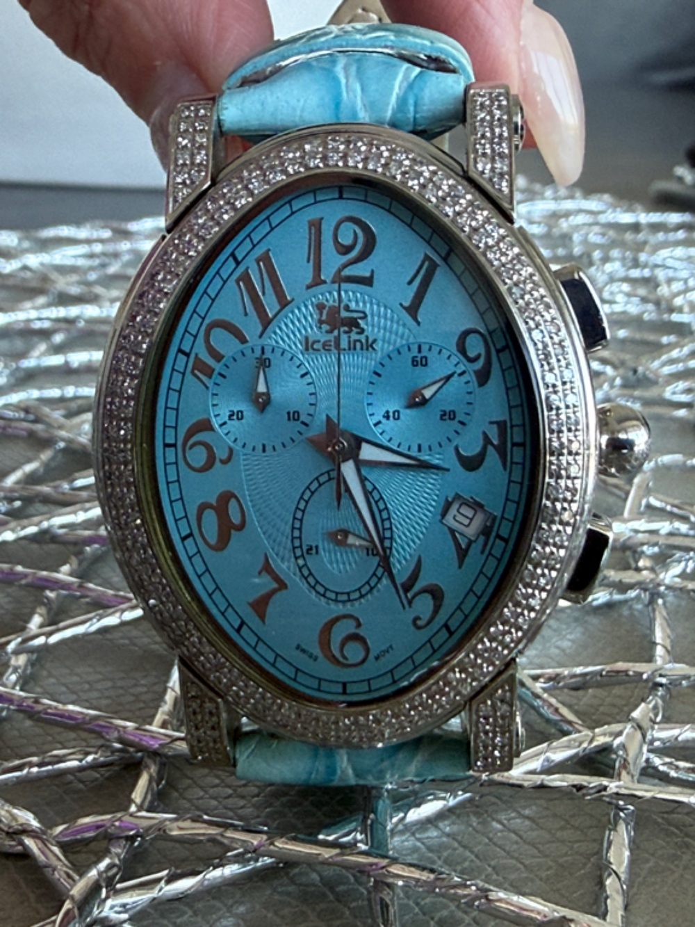 Women's Blue Crystal-Accent Chronograph Watch Ice Link Brand - Picture 2 of 10